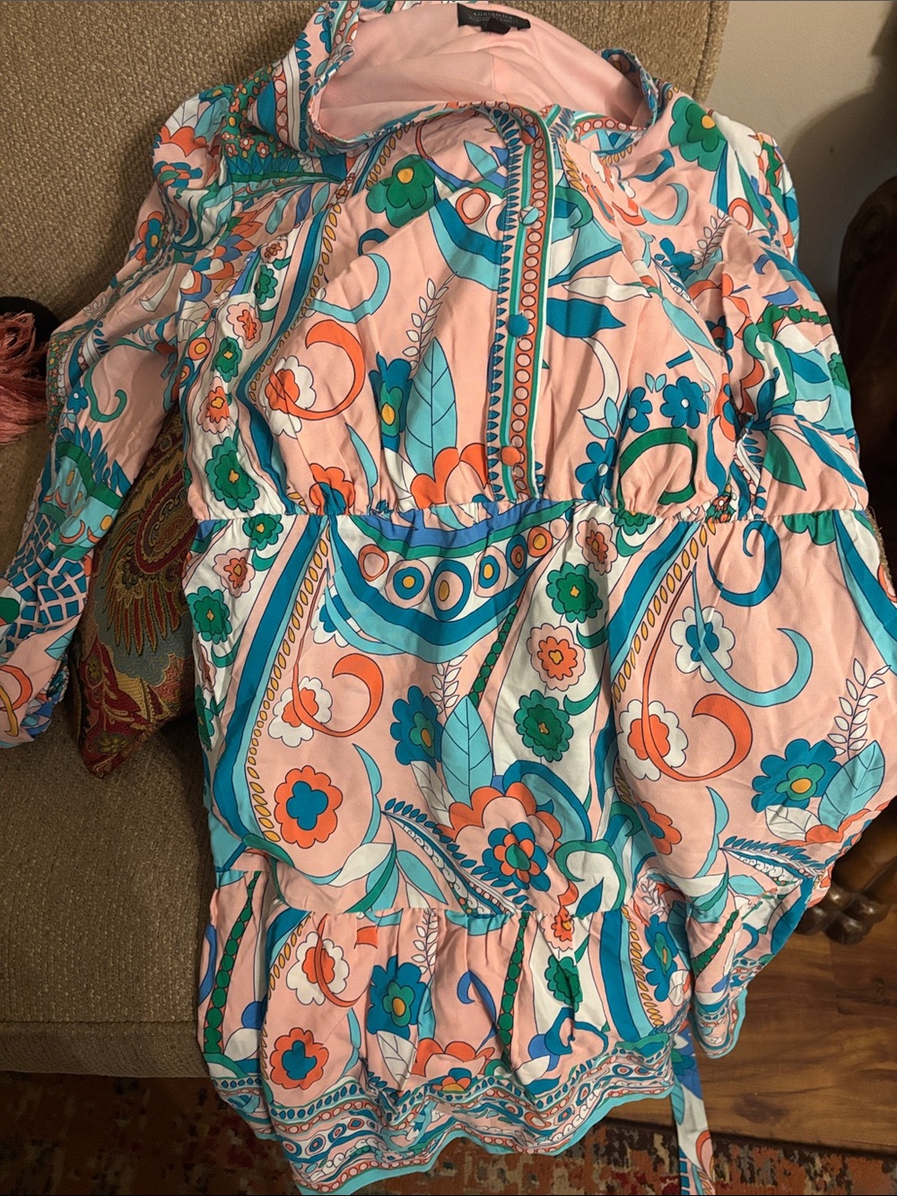 Girls' Pink Floral Print One-Piece Dress with Blue & Green Accents